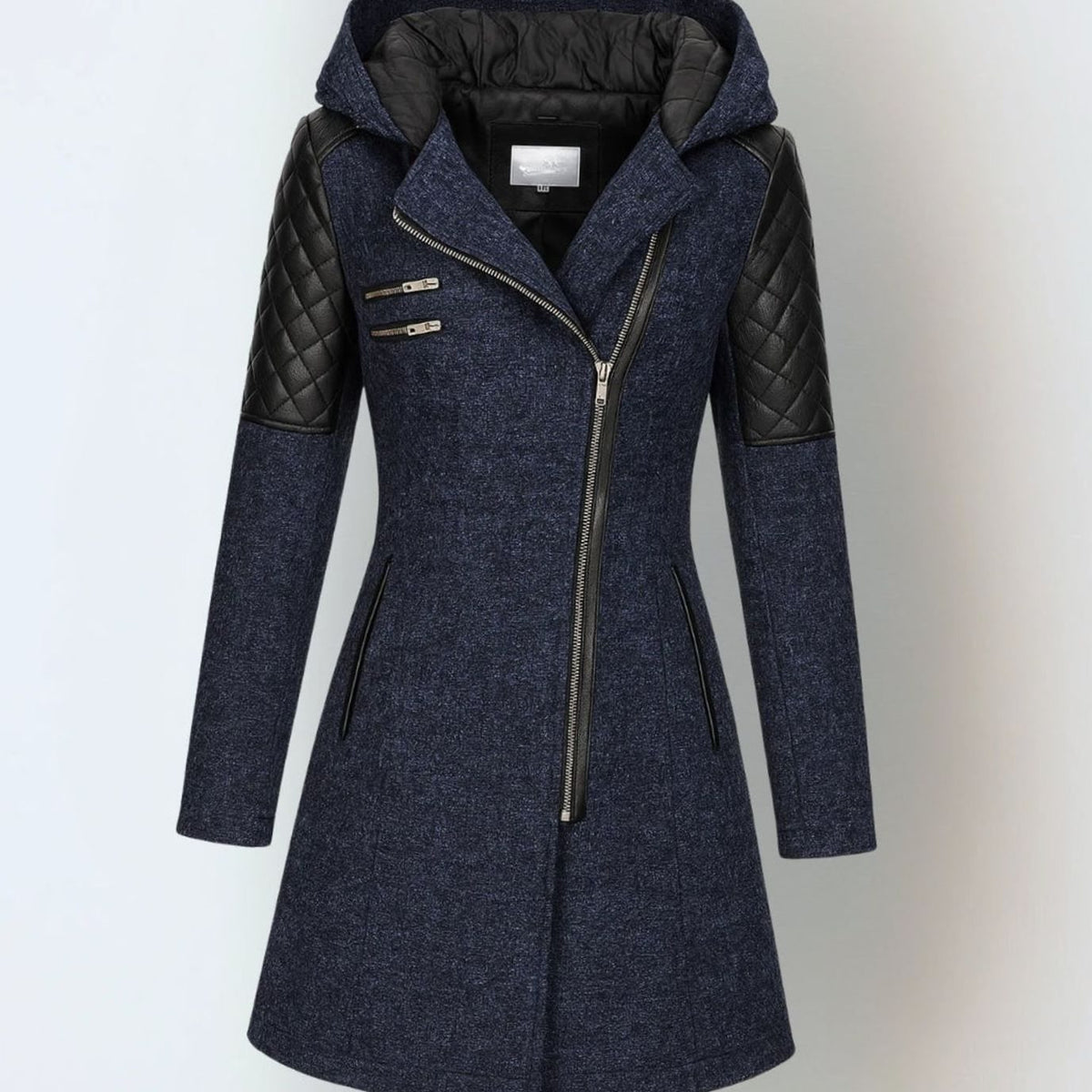 Women's Hooded Quilted-Panel Asymmetric-Zip Wool-Blend Coat - Blue