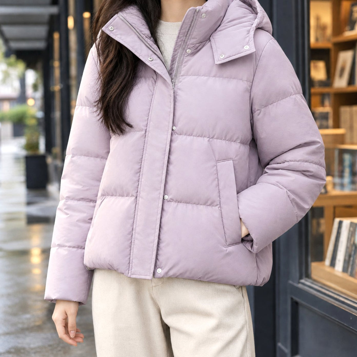 Women's Hooded Quilted Puffer Jacket Loose Waist-Length Fit - Morning Mist Purple