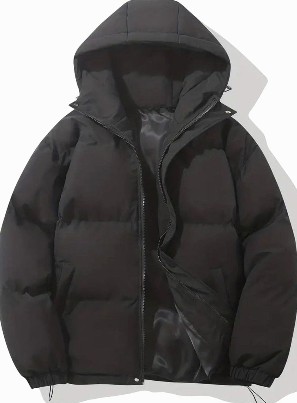 Women's Hooded Quilted Puffer Jacket Zip-Up Drawstring - Black