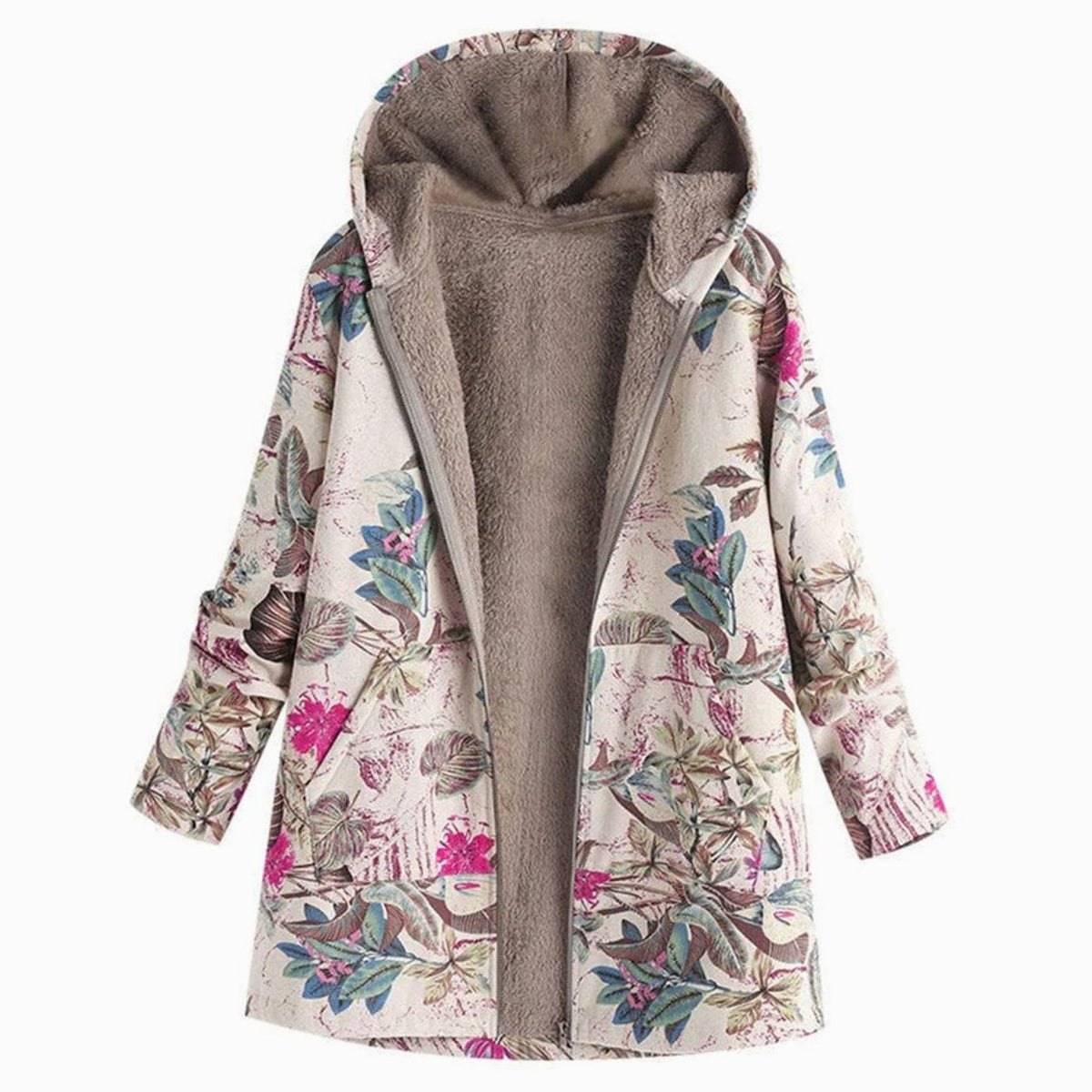 Women's Hooded Sherpa-Lined Winter Floral Coat - White