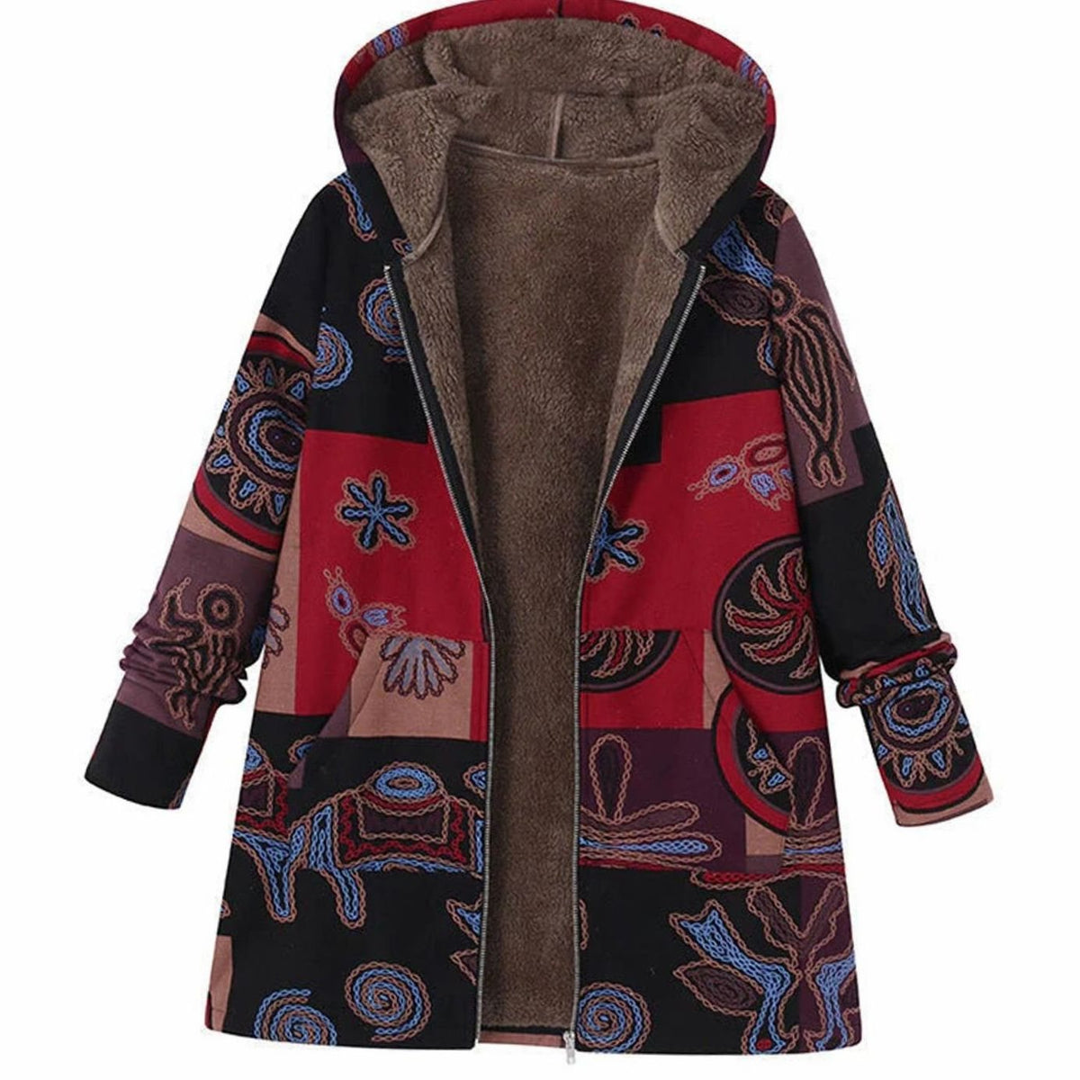 Women's Hooded Sherpa-Lined Winter Floral Coat - Brown