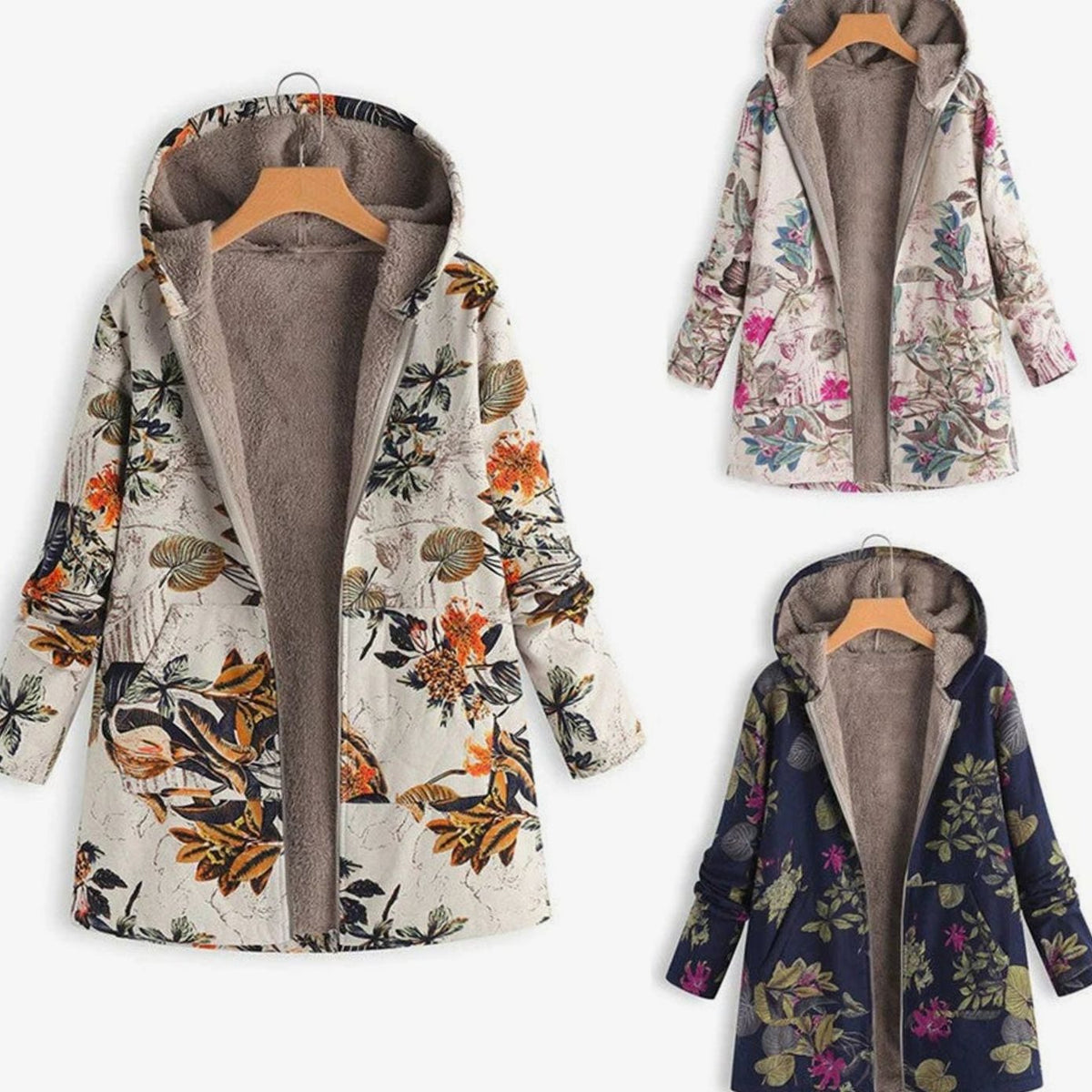 Women's Hooded Sherpa-Lined Winter Floral Coat