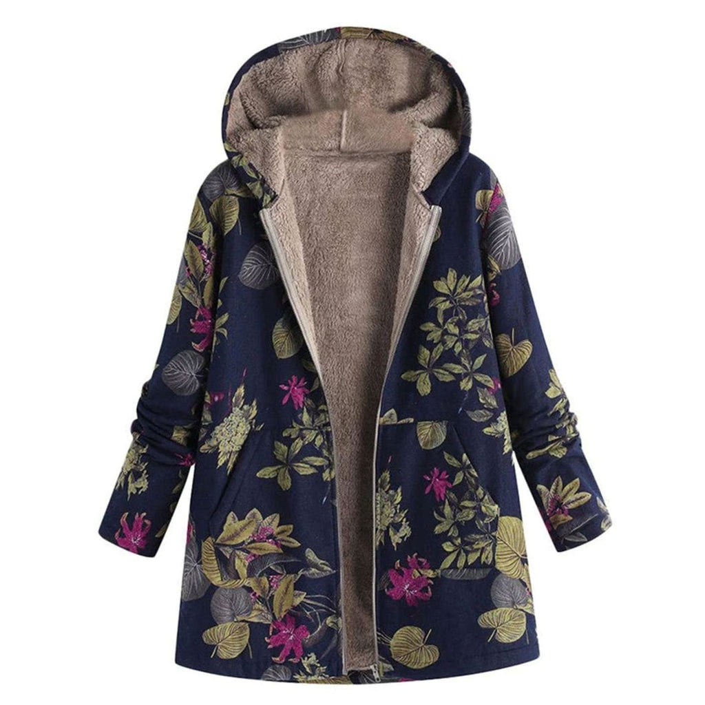 Women's Hooded Sherpa-Lined Winter Floral Coat - Blue