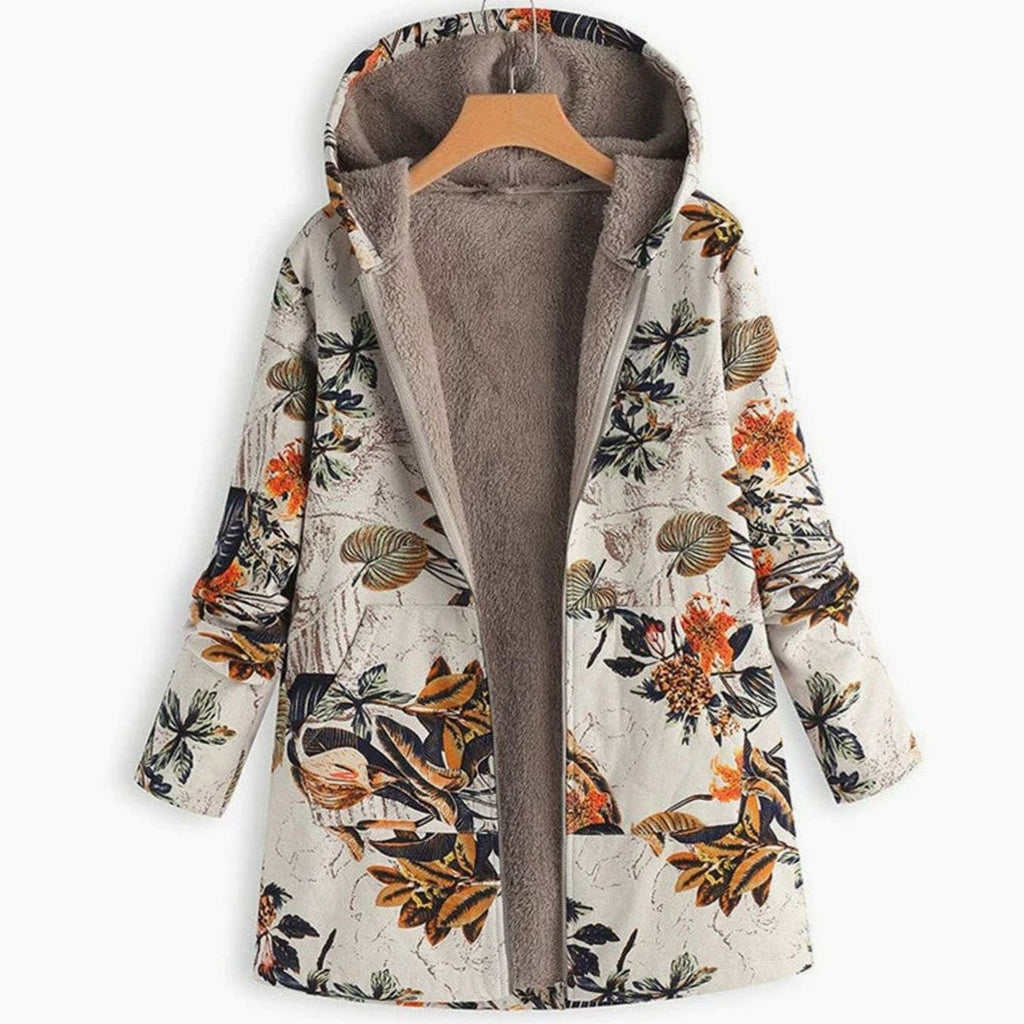 Women's Hooded Sherpa-Lined Winter Floral Coat - Beige
