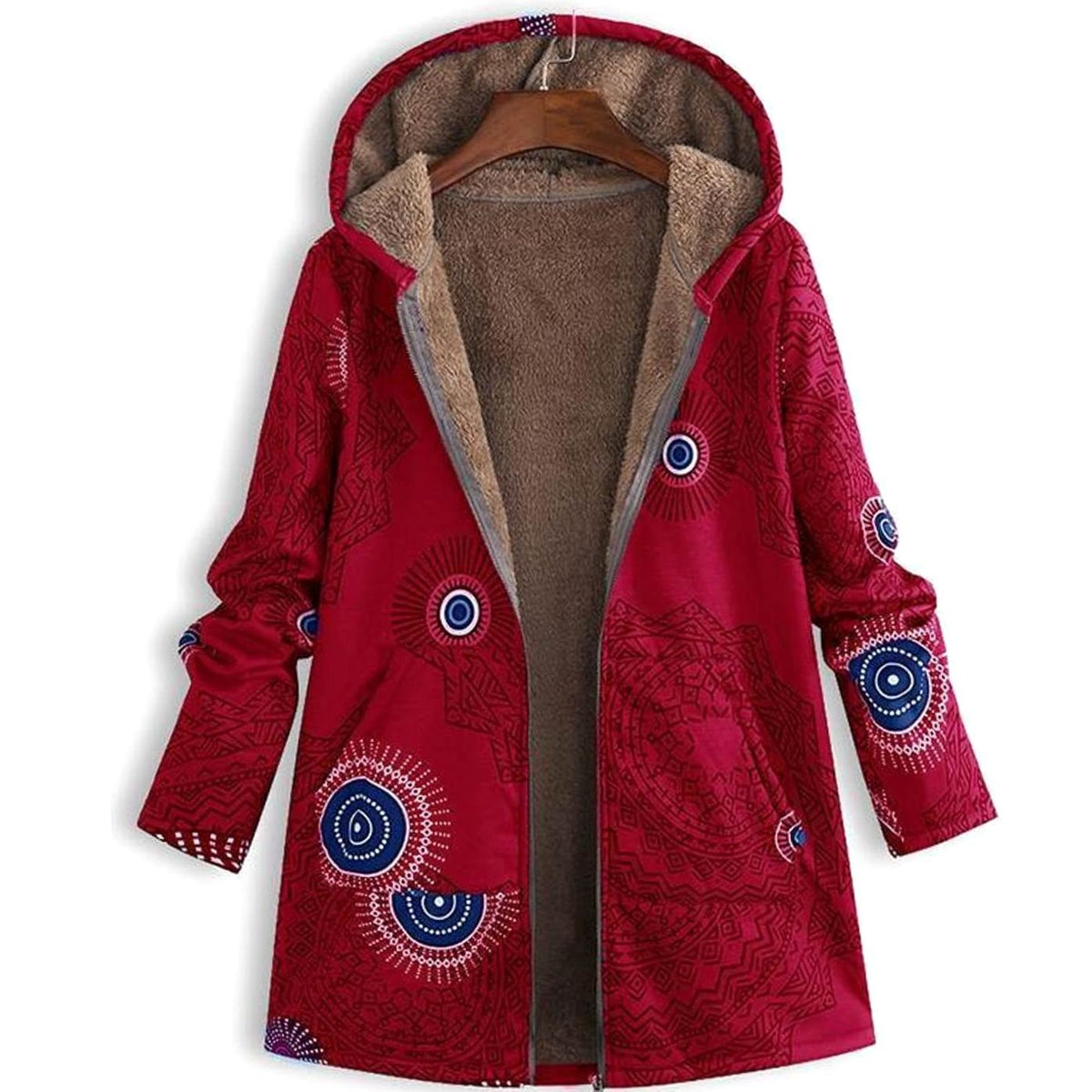 Women's Hooded Sherpa-Lined Winter Floral Coat - Red