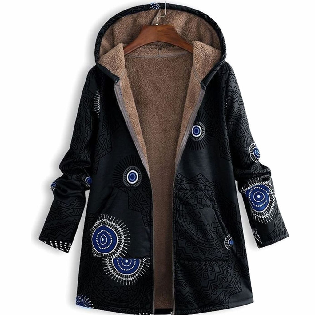 Women's Hooded Sherpa-Lined Winter Floral Coat - Black