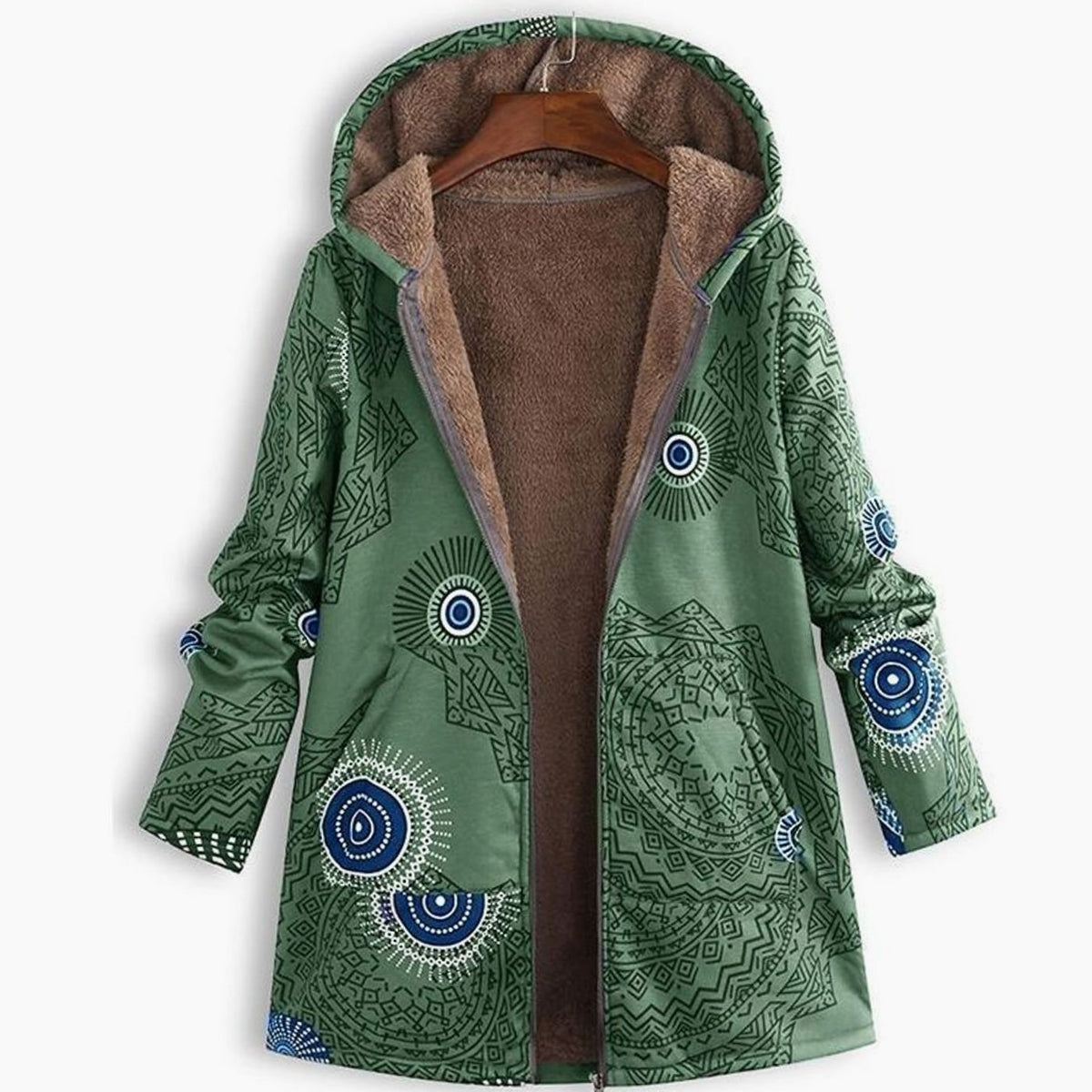 Women's Hooded Sherpa-Lined Winter Floral Coat - Green