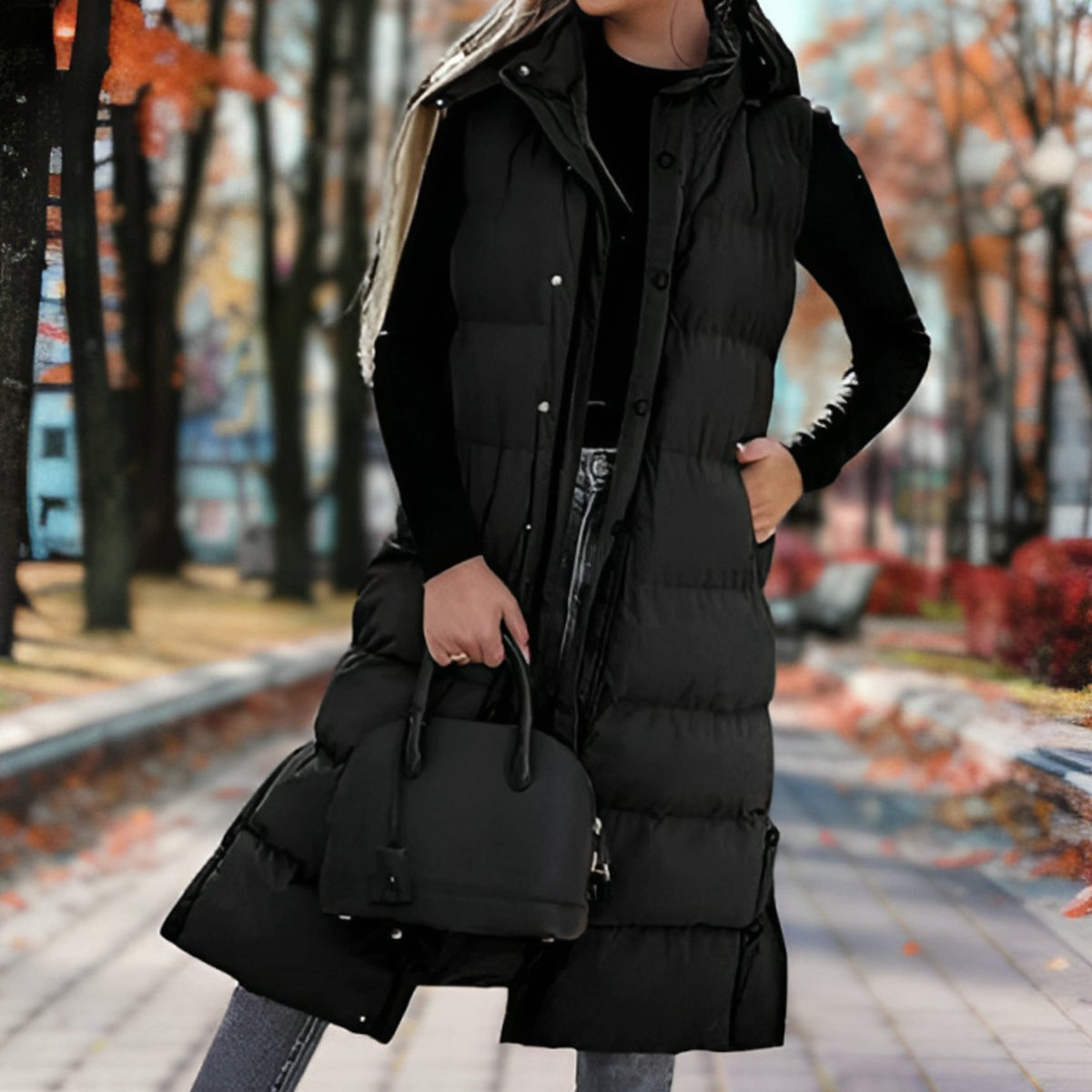 Women's Hooded Sleeveless Padded Long Coat Puffer Vest - Black