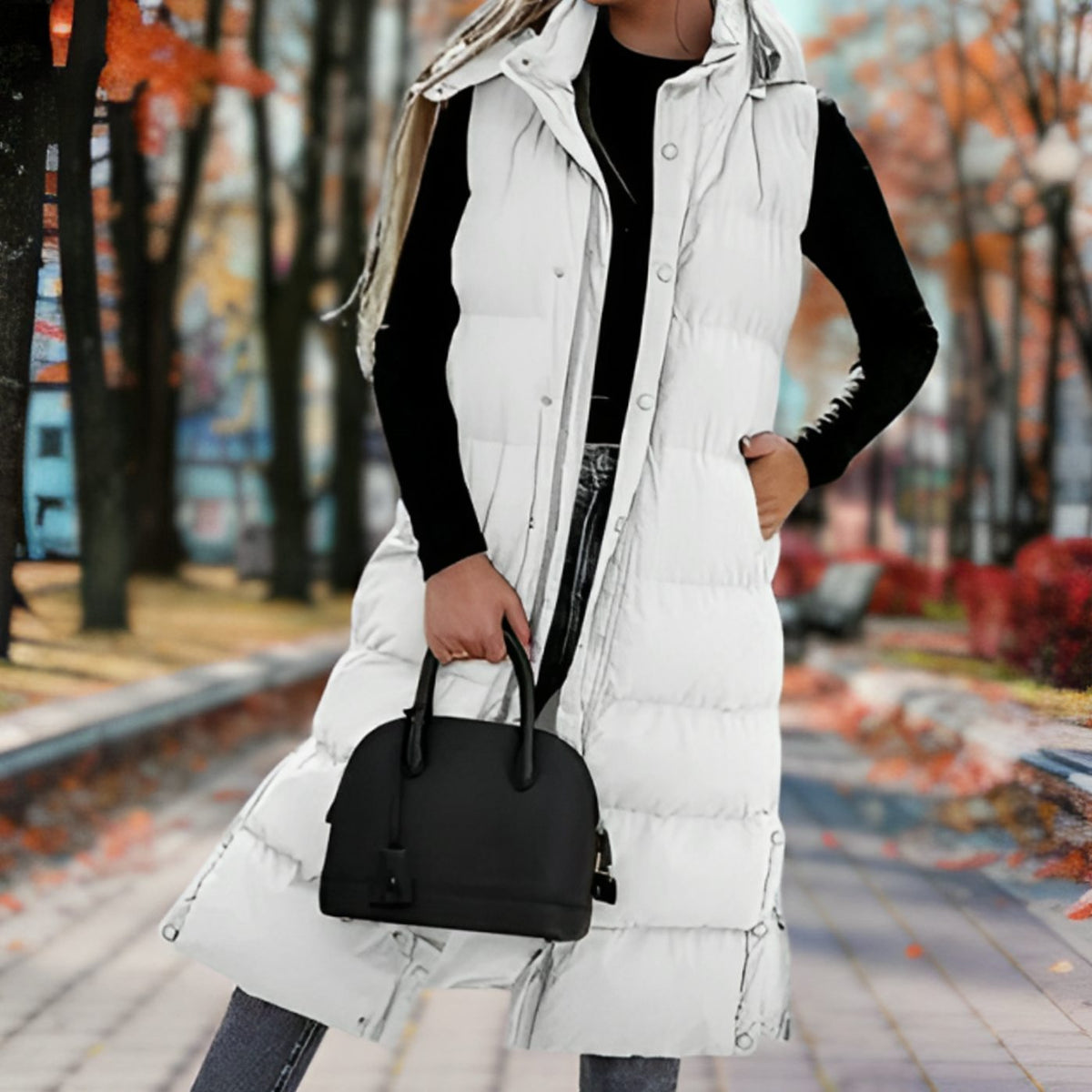 Women's Hooded Sleeveless Padded Long Coat Puffer Vest - White