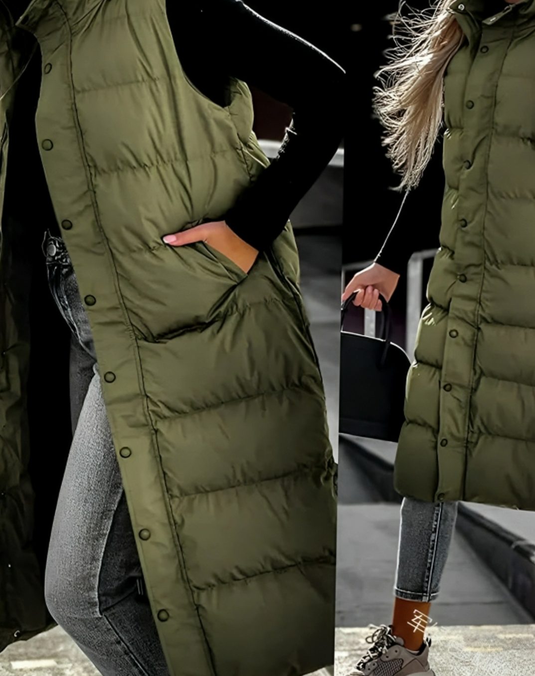 Women's Hooded Sleeveless Padded Long Coat Puffer Vest - Army Green
