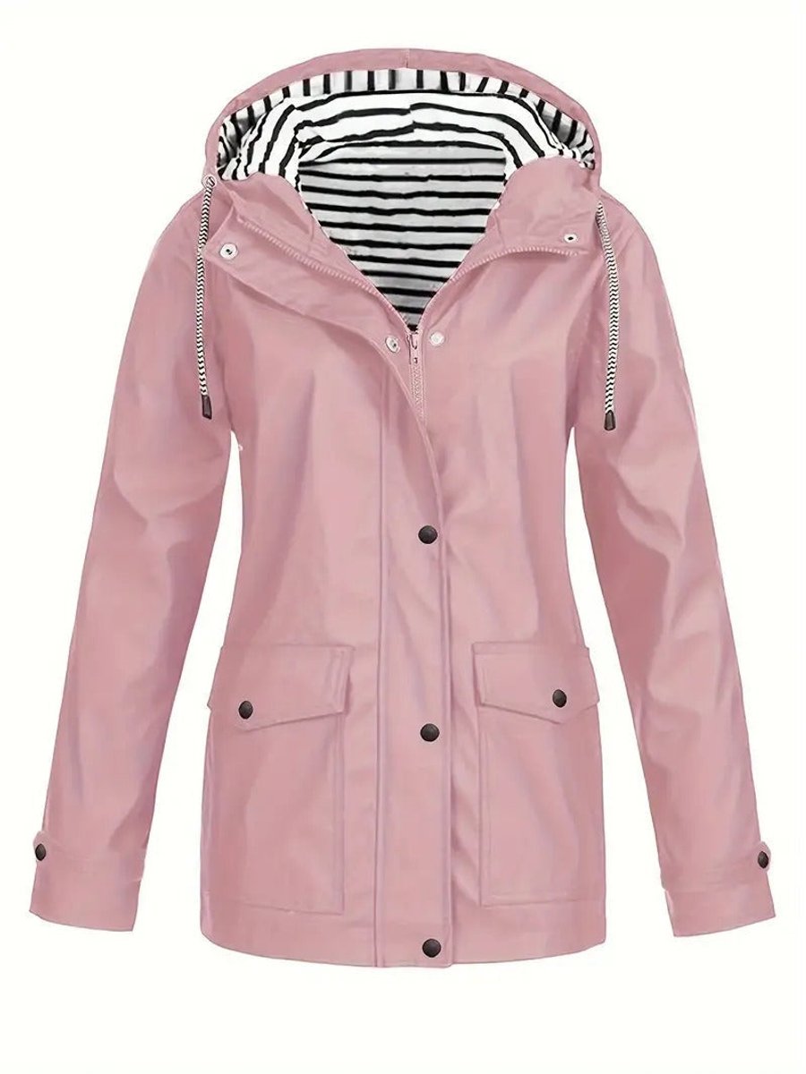 Women's Hooded Striped-Lined Zip-Up Waterproof Rain Coat - Pink
