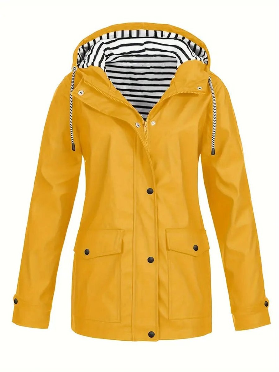 Women's Hooded Striped-Lined Zip-Up Waterproof Rain Coat - Yellow