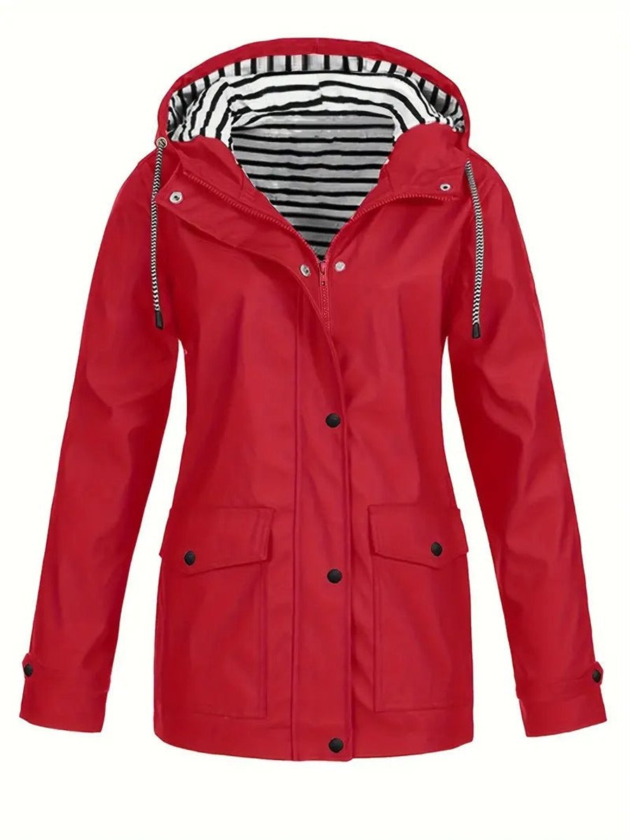 Women's Hooded Striped-Lined Zip-Up Waterproof Rain Coat - Red