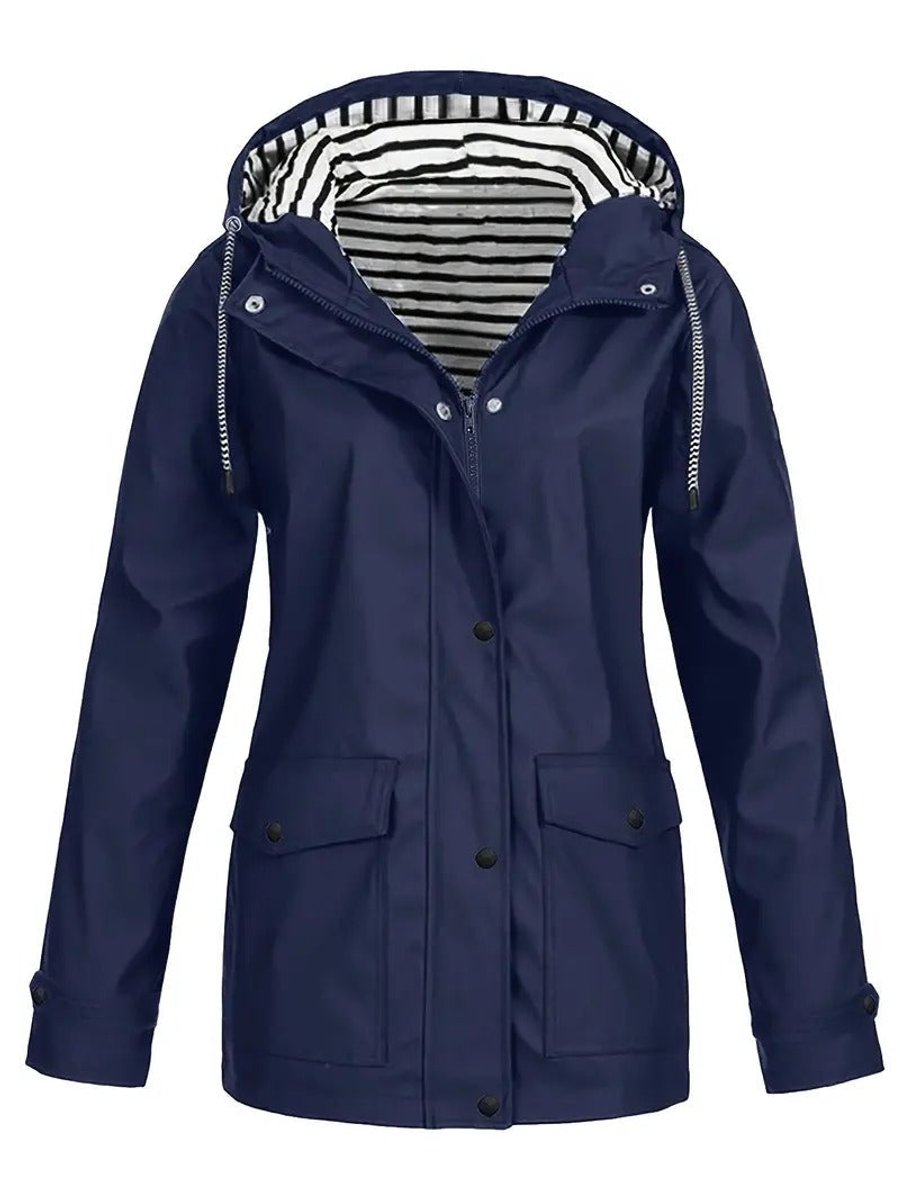 Women's Hooded Striped-Lined Zip-Up Waterproof Rain Coat - Navy Blue