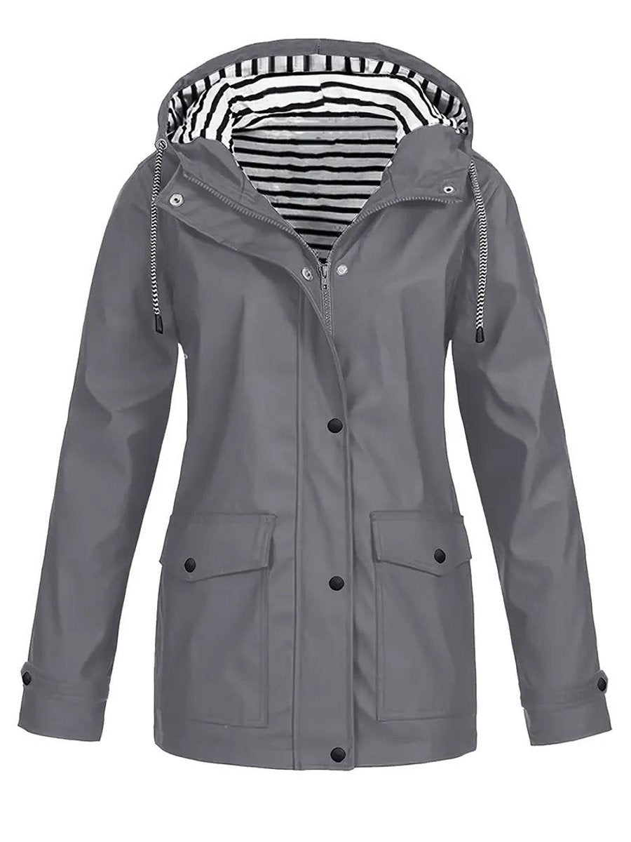 Women's Hooded Striped-Lined Zip-Up Waterproof Rain Coat - Gray
