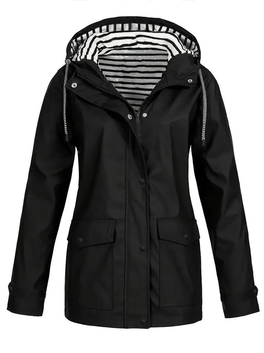 Women's Hooded Striped-Lined Zip-Up Waterproof Rain Coat - Black