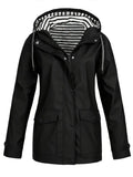 Women's Hooded Striped-Lined Zip-Up Waterproof Rain Coat - Black