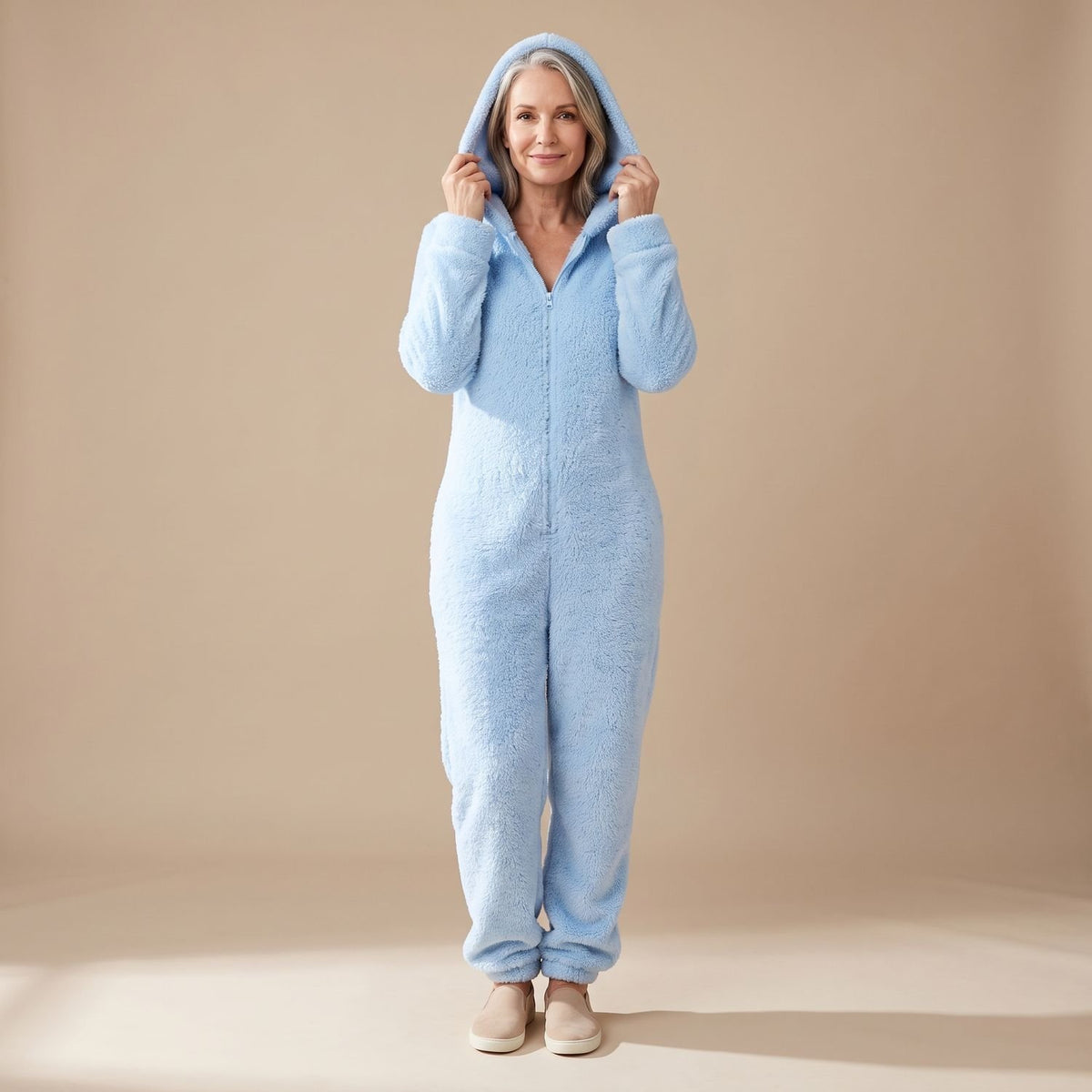 Women's Hooded Teddy Fleece Full-Length Zip-Up Onesie - Sky Blue
