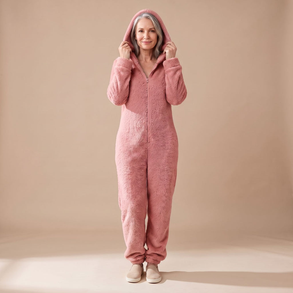 Women's Hooded Teddy Fleece Full-Length Zip-Up Onesie - Pink