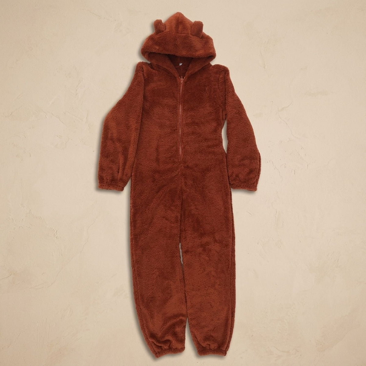 Women's Hooded Teddy Fleece Full-Length Zip-Up Onesie - Dark Brown
