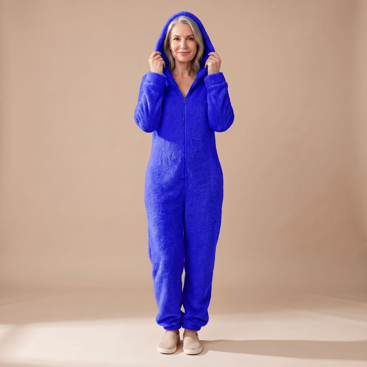 Women's Hooded Teddy Fleece Full-Length Zip-Up Onesie - Dark Blue