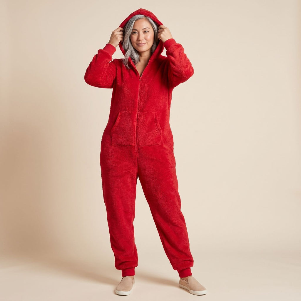 Women's Hooded Teddy Fleece Full-Length Zip-Up Onesie - Red