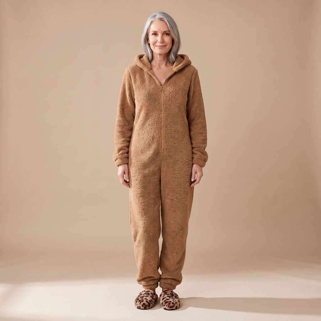Women's Hooded Teddy Fleece Full-Length Zip-Up Onesie - Brown