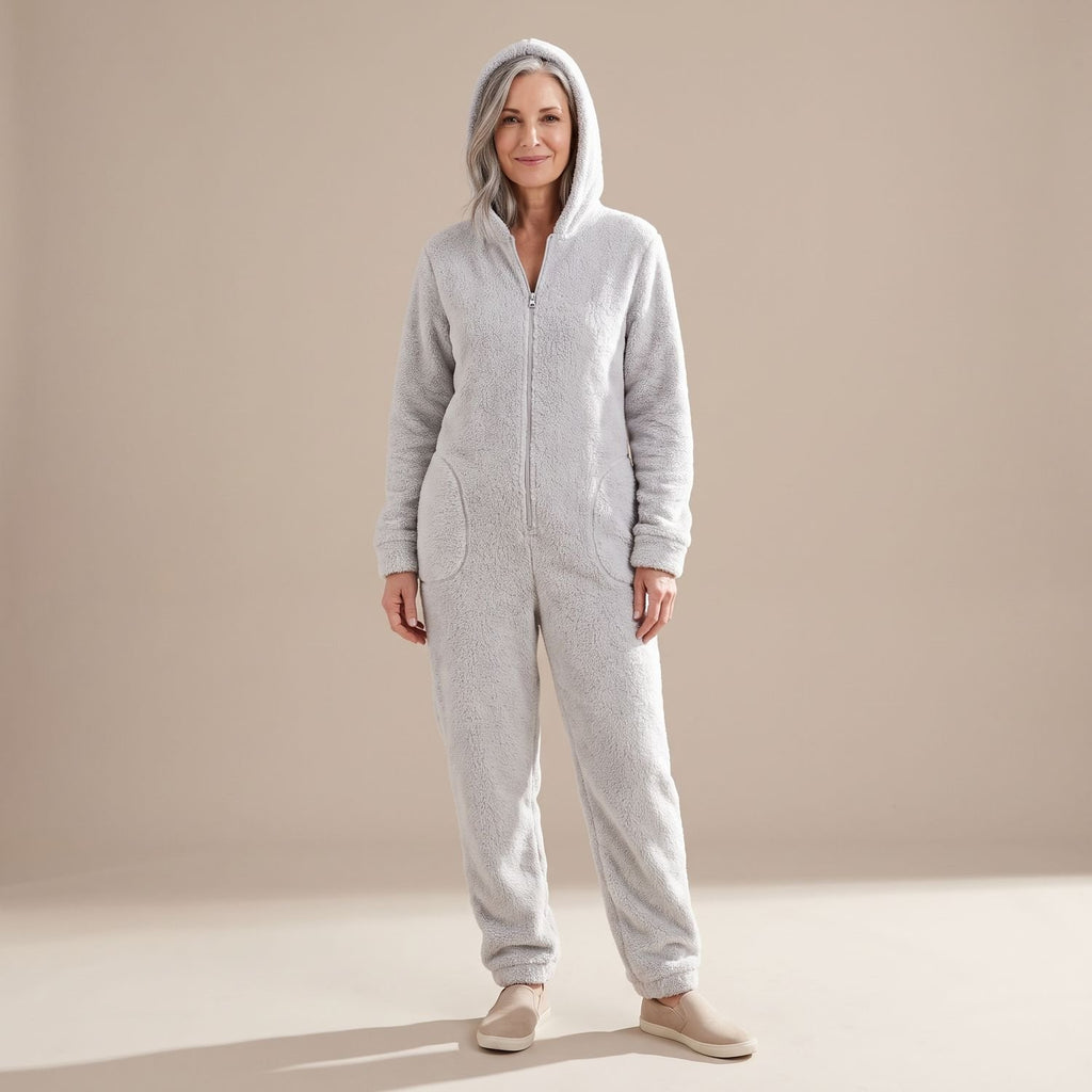 Women's Hooded Teddy Fleece Full-Length Zip-Up Onesie - Light Gray