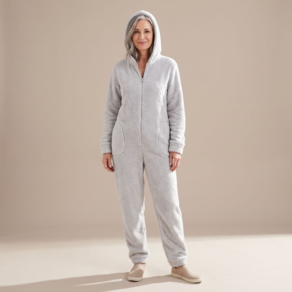 Women's Hooded Teddy Fleece Full-Length Zip-Up Onesie - Light Gray
