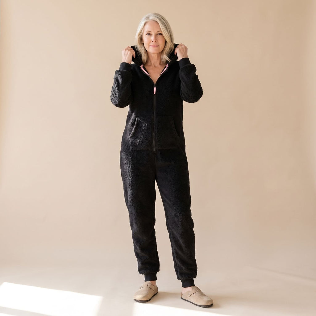 Women's Hooded Teddy Fleece Full-Length Zip-Up Onesie - Black