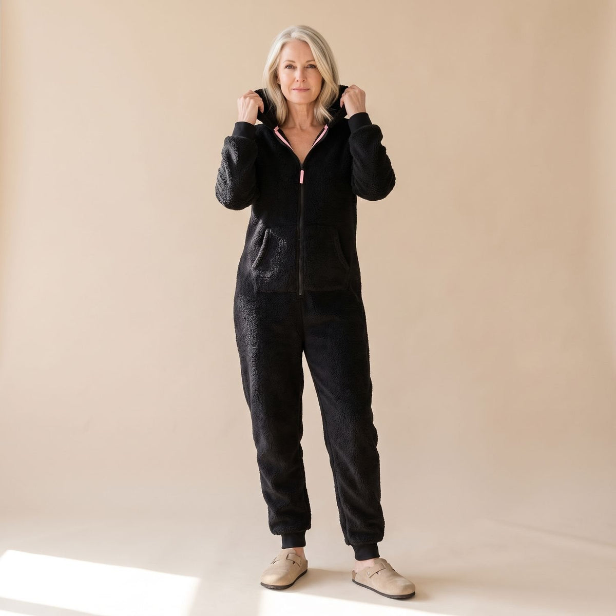 Women's Hooded Teddy Fleece Full-Length Zip-Up Onesie - Black