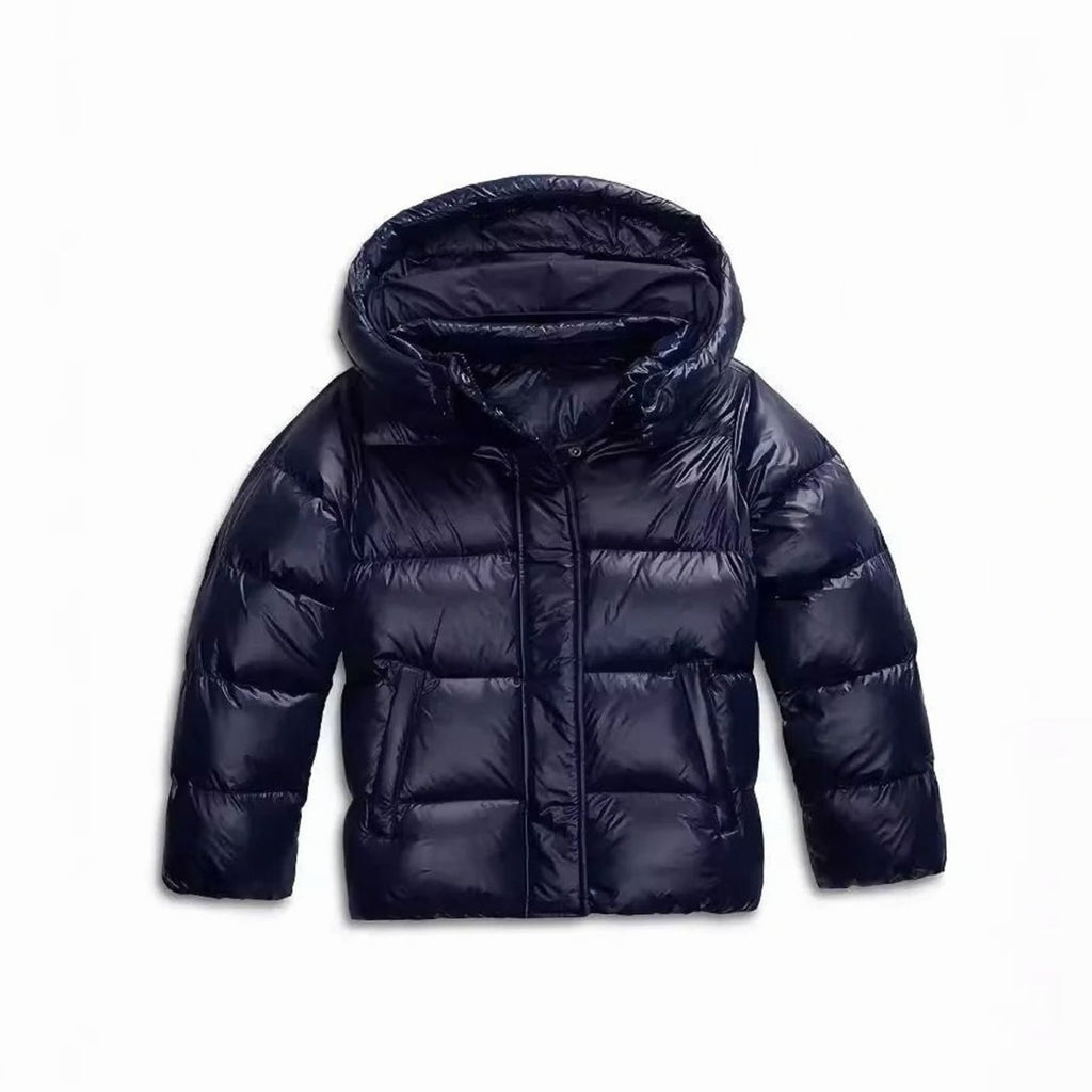 Women's Hooded Windproof Cropped Puffer Winter Coat - Navy