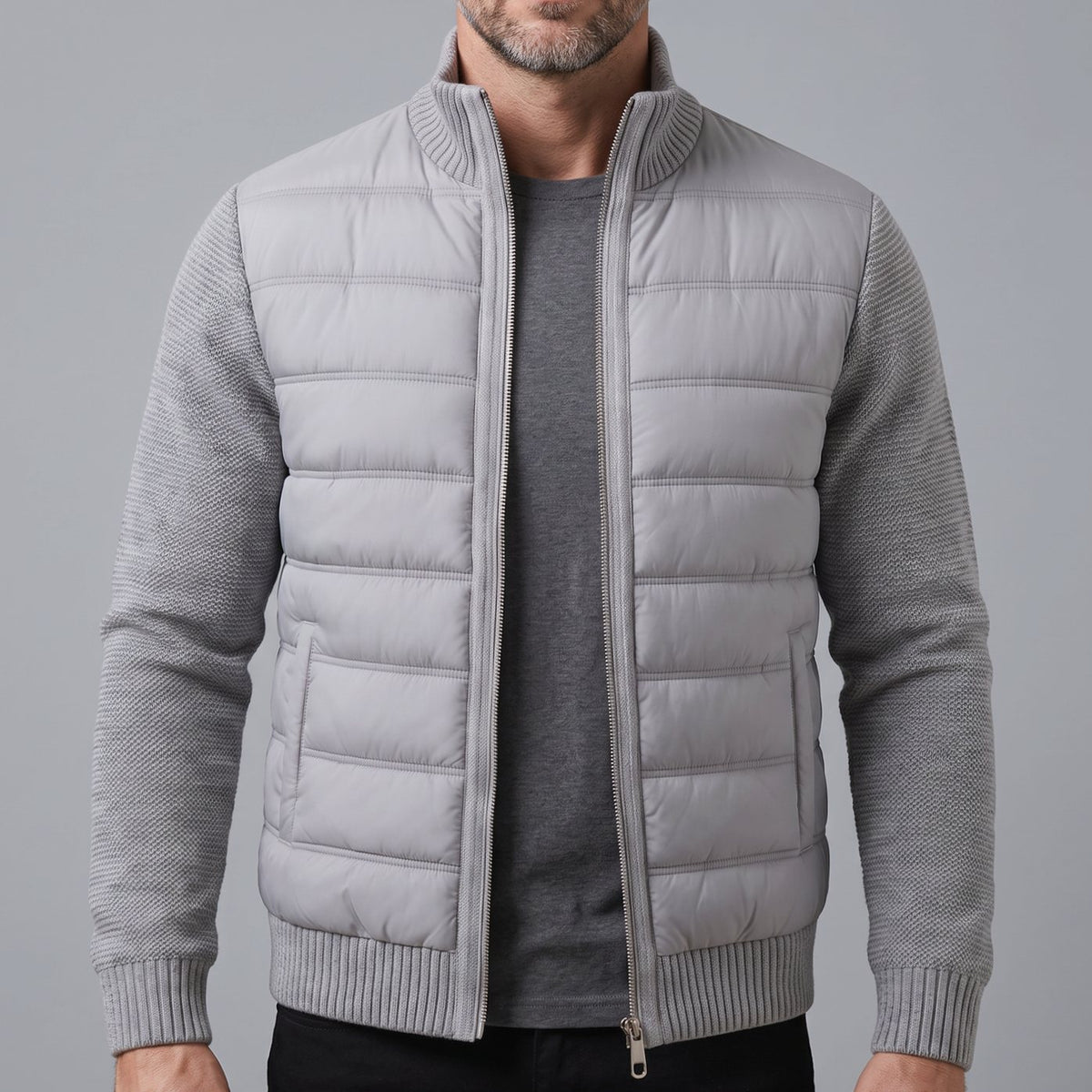 Women's Hybrid Quilted Jacket Fleece-Sleeve Full-Zip Puffer