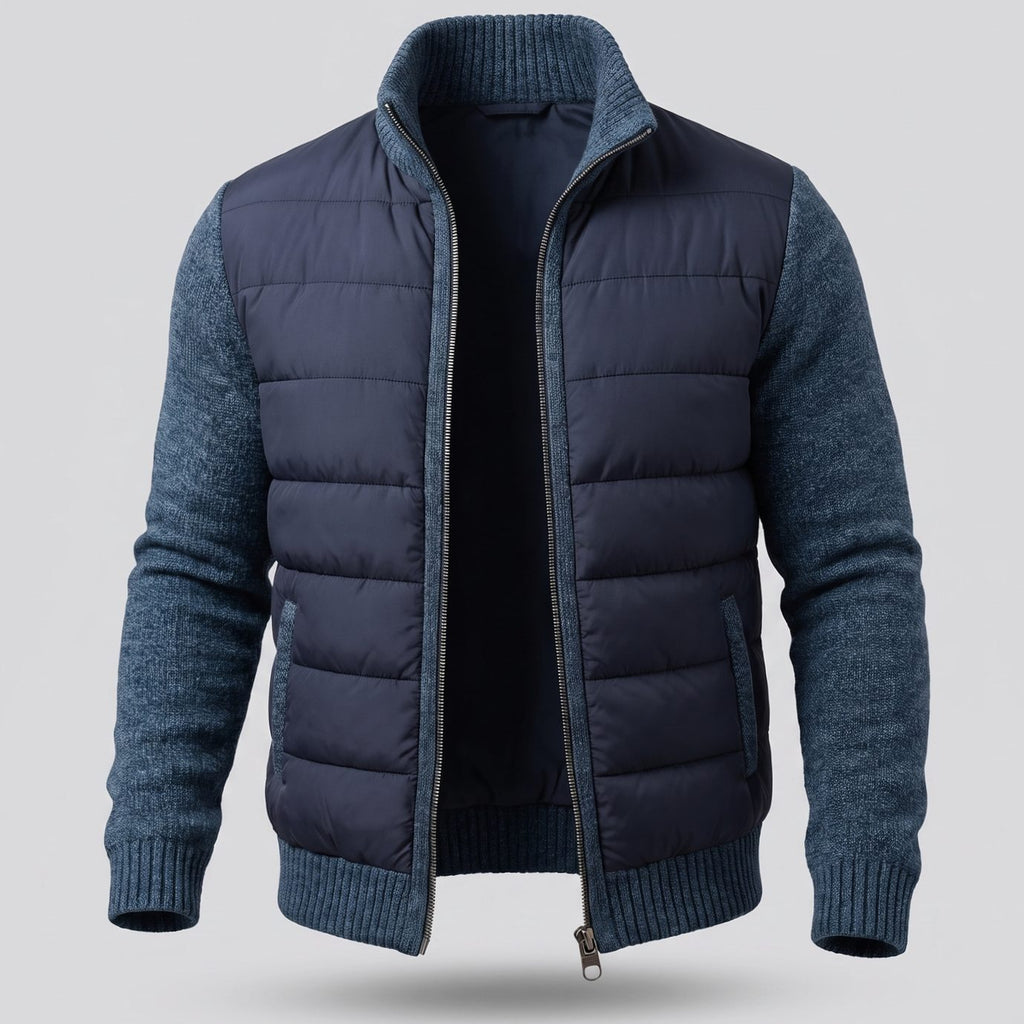 Women's Hybrid Quilted Jacket Fleece-Sleeve Full-Zip Puffer - Navy Blue