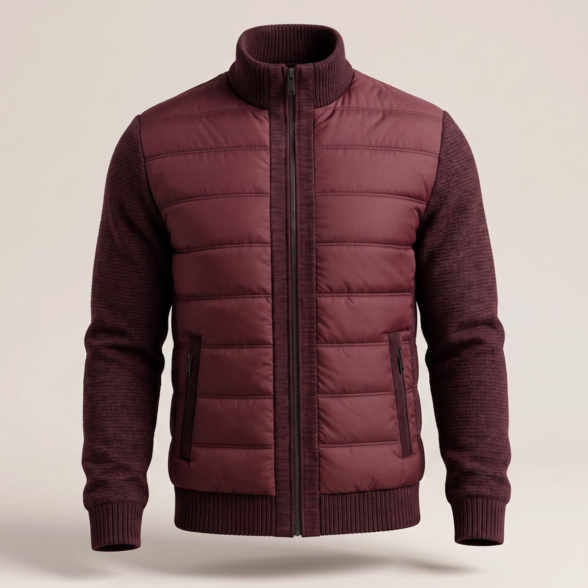 Women's Hybrid Quilted Jacket Fleece-Sleeve Full-Zip Puffer - Burgundy