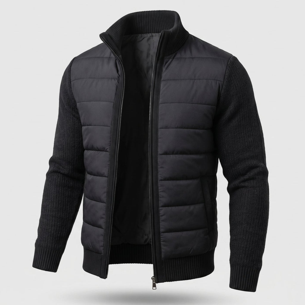 Women's Hybrid Quilted Jacket Fleece-Sleeve Full-Zip Puffer - Black