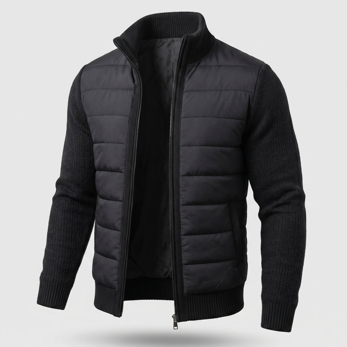 Women's Hybrid Quilted Jacket Fleece-Sleeve Full-Zip Puffer - Black
