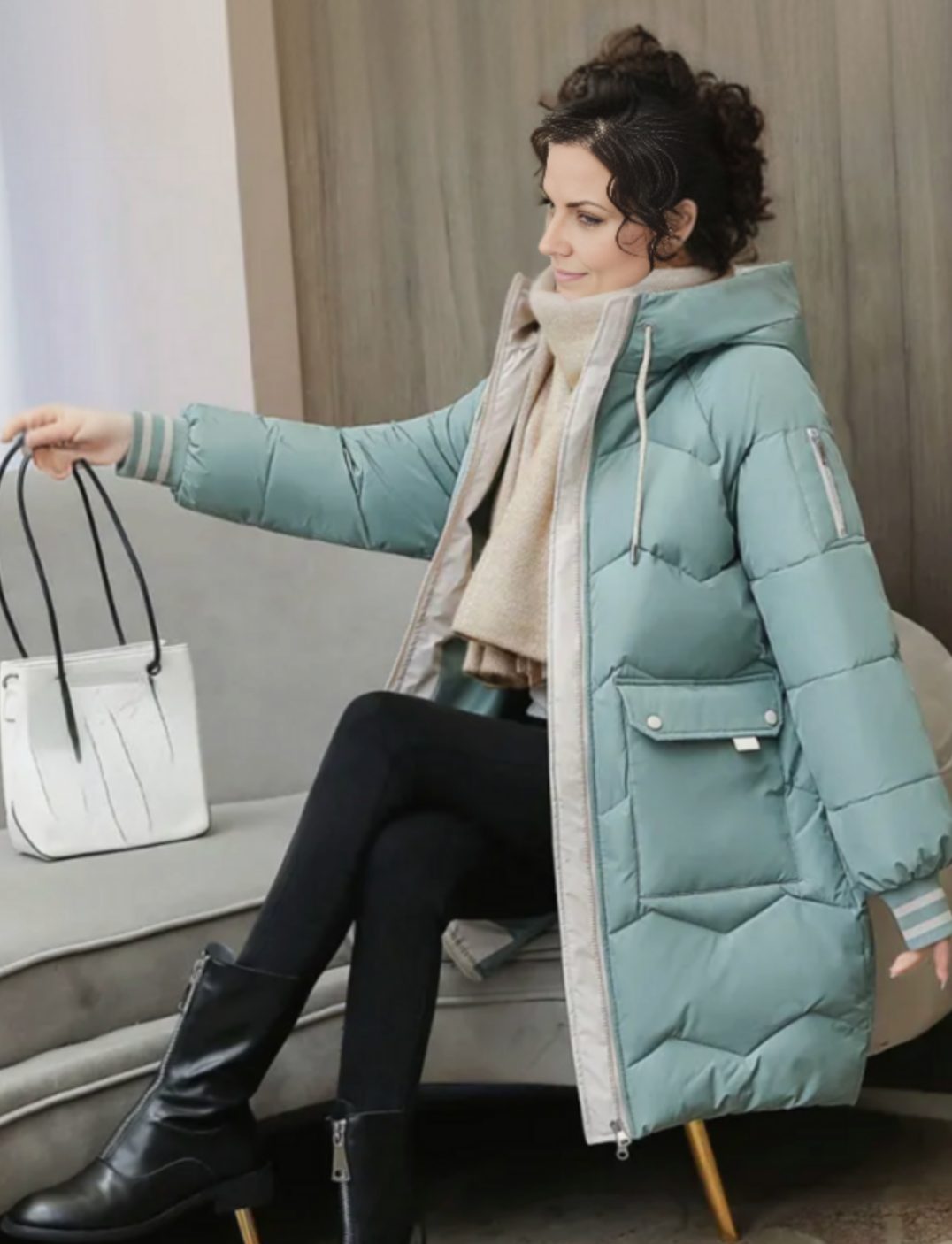 Women's Insulated Hooded Long Puffer Winter Coat - Light Green
