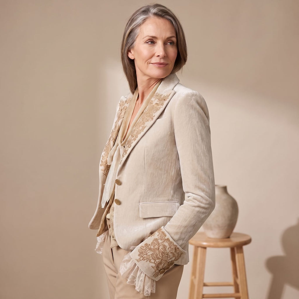 Women's Ivory Gold Embroidered Tailored Long Sleeve Blazer - Ivory