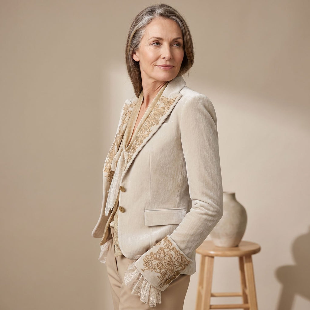 Women's Ivory Gold Embroidered Tailored Long Sleeve Blazer