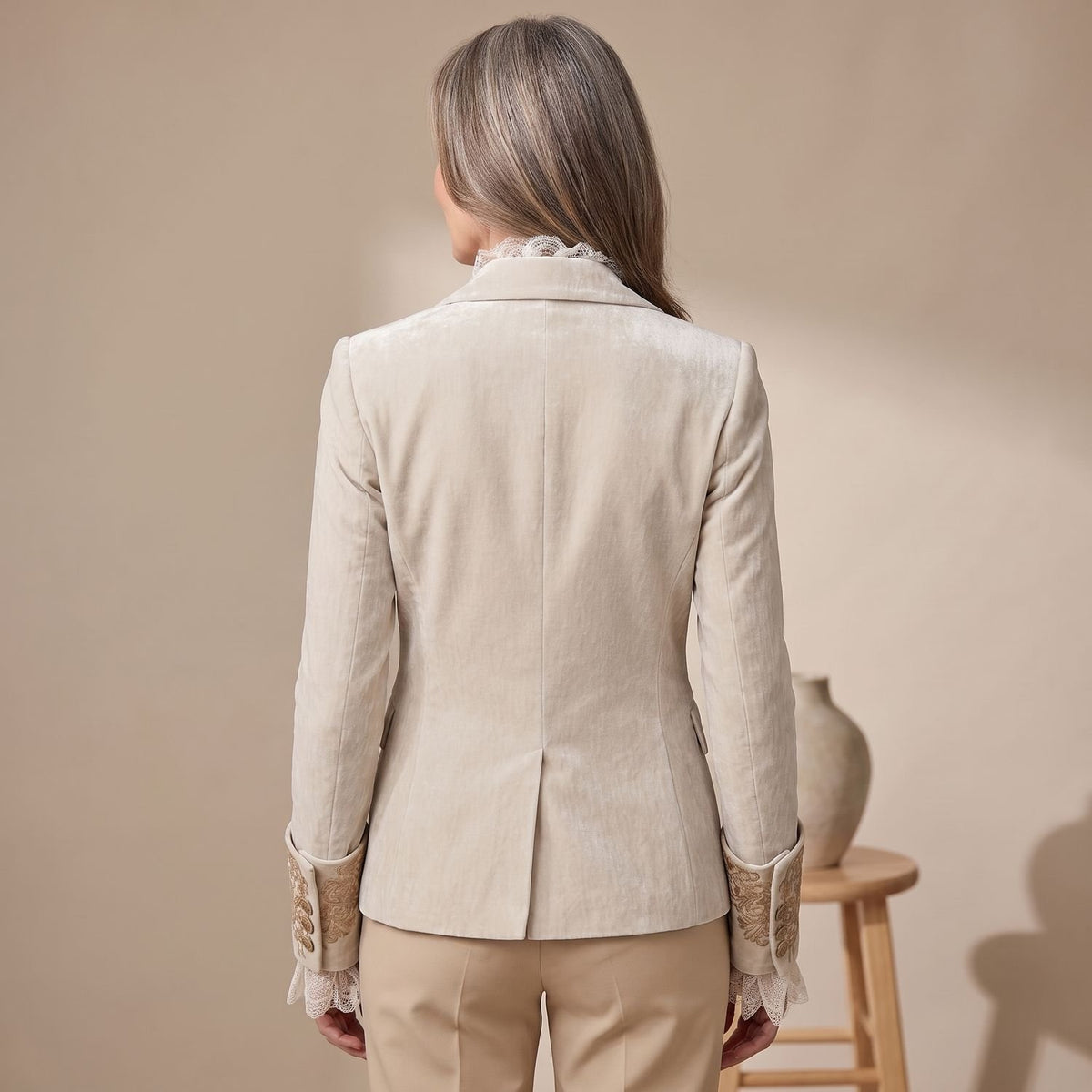 Women's Ivory Gold Embroidered Tailored Long Sleeve Blazer