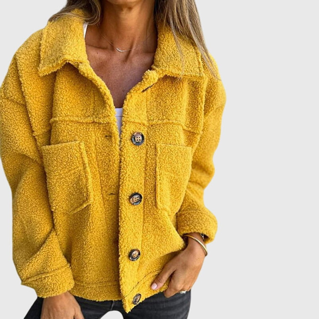 Women's Jacket Cozy Sherpa Button-Front Lapel Coat - Yellow
