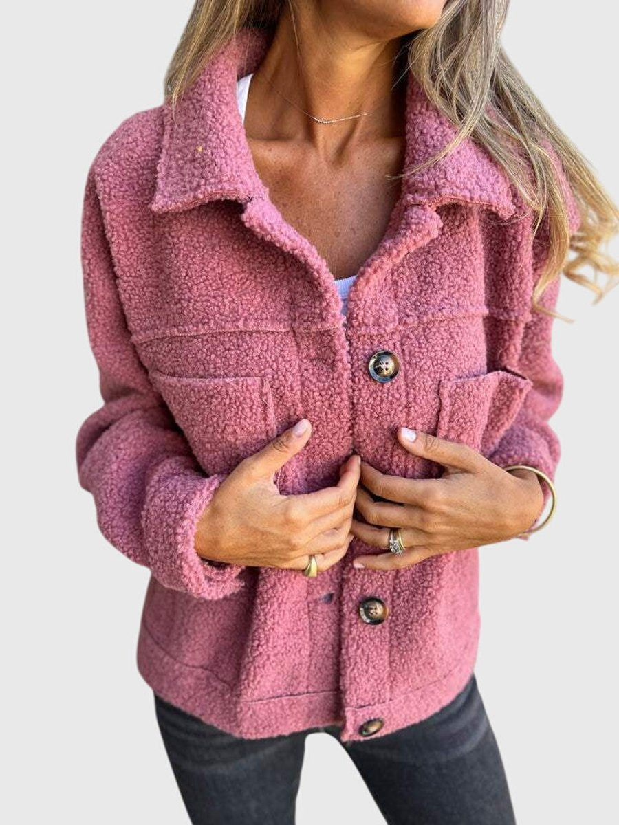 Women's Jacket Cozy Sherpa Button-Front Lapel Coat - Pink
