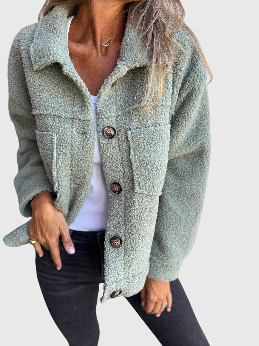 Women's Jacket Cozy Sherpa Button-Front Lapel Coat - Green
