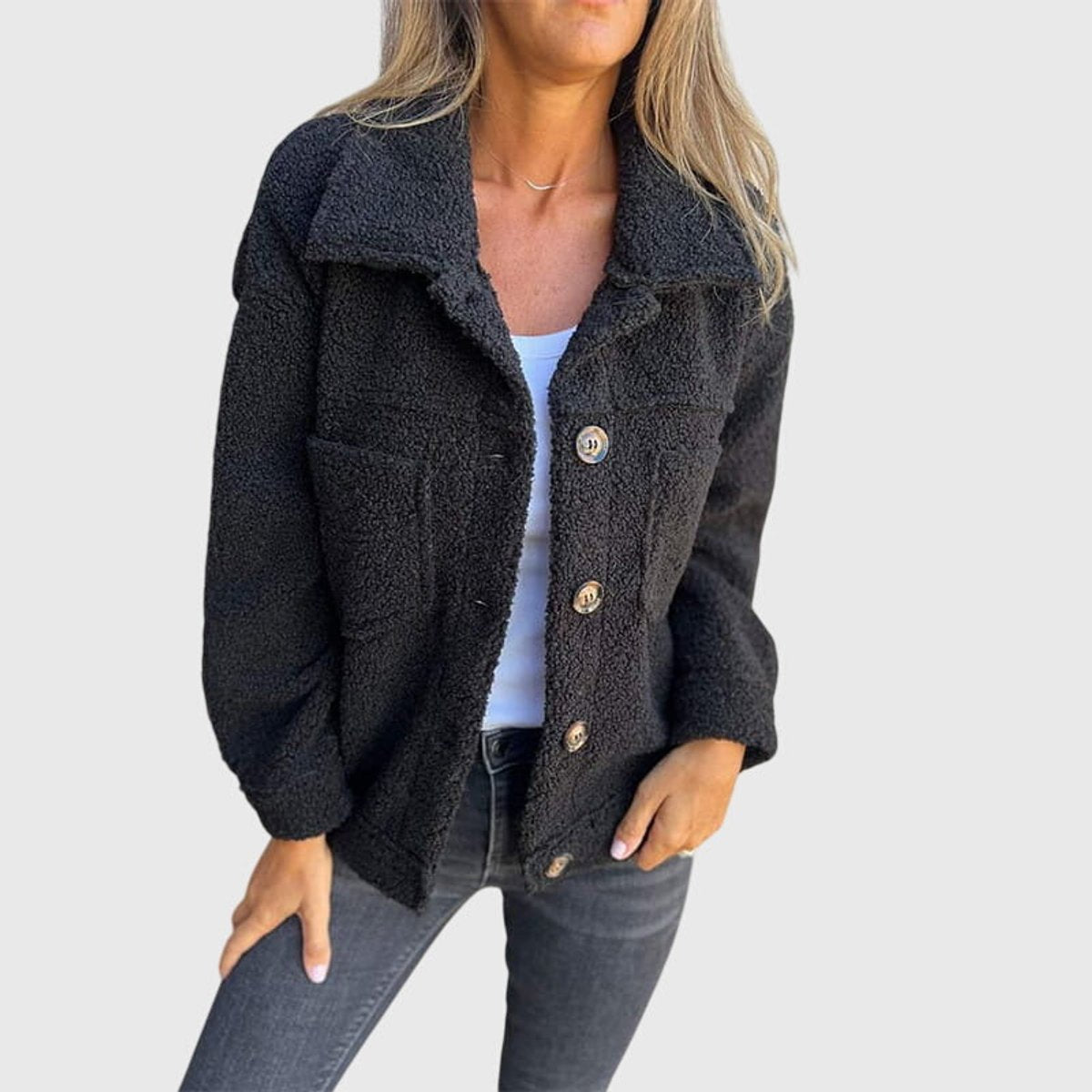 Women's Jacket Cozy Sherpa Button-Front Lapel Coat - Black