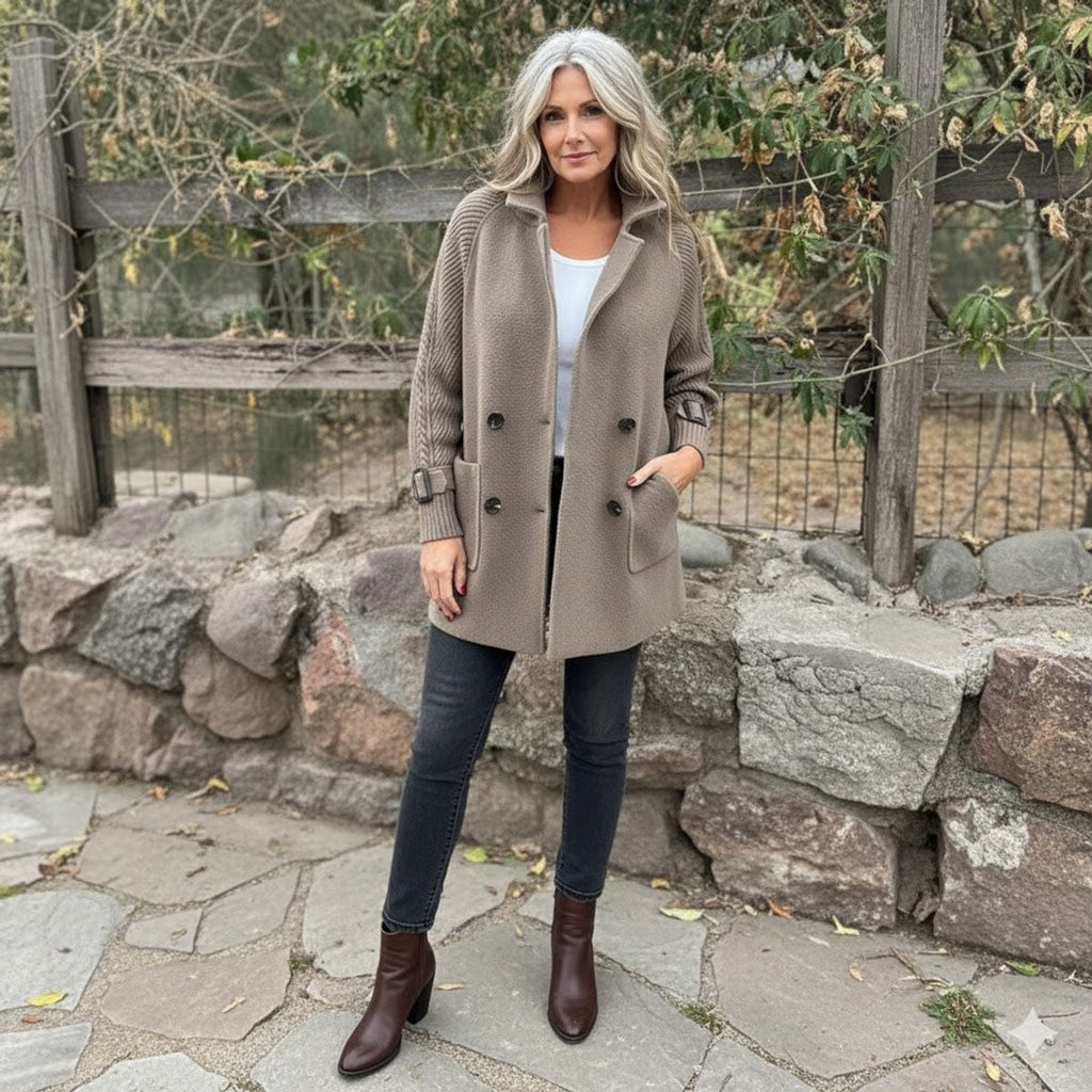 Women's Jacket Double-Breasted Cable-Knit Sleeve Coat