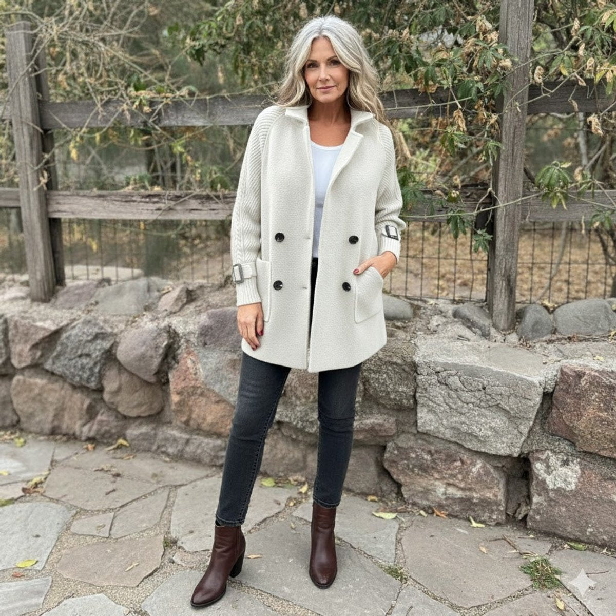 Women's Jacket Double-Breasted Cable-Knit Sleeve Coat