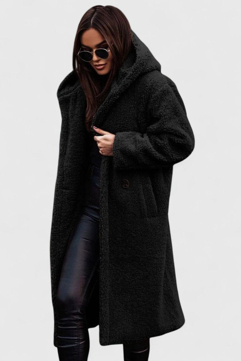 Women's Jacket Long Teddy Coat Oversized Sherpa Fleece - Black