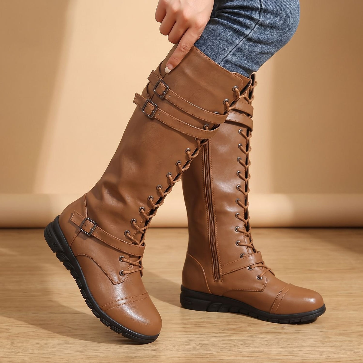 Women's Knee High Boots Lace-Up Military Buckle-Strap Faux Leather