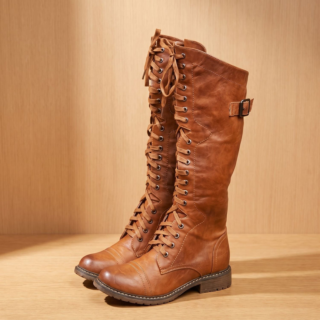 Women's Knee High Boots Lace-Up Riding-Style Buckle Tall Boot - Brown